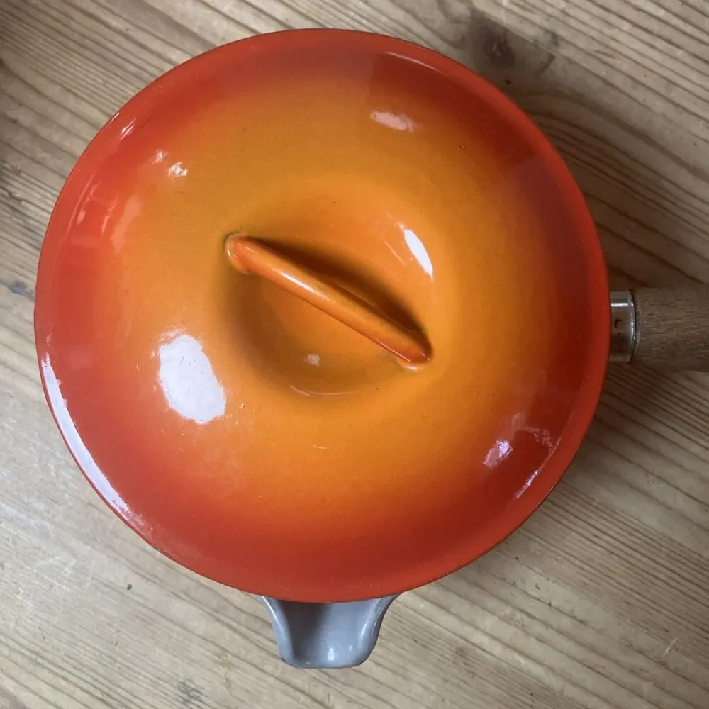 Vintage Le Creuset #14 Flame Orange Enameled Cast Iron Wood Handle Saucepan